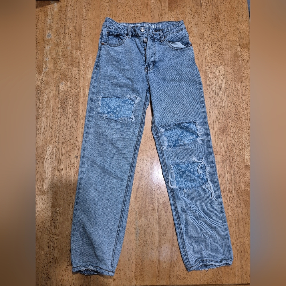 EUC S.O.N.G. lightwash distressed Patchwork Straight Leg Denim Jeans